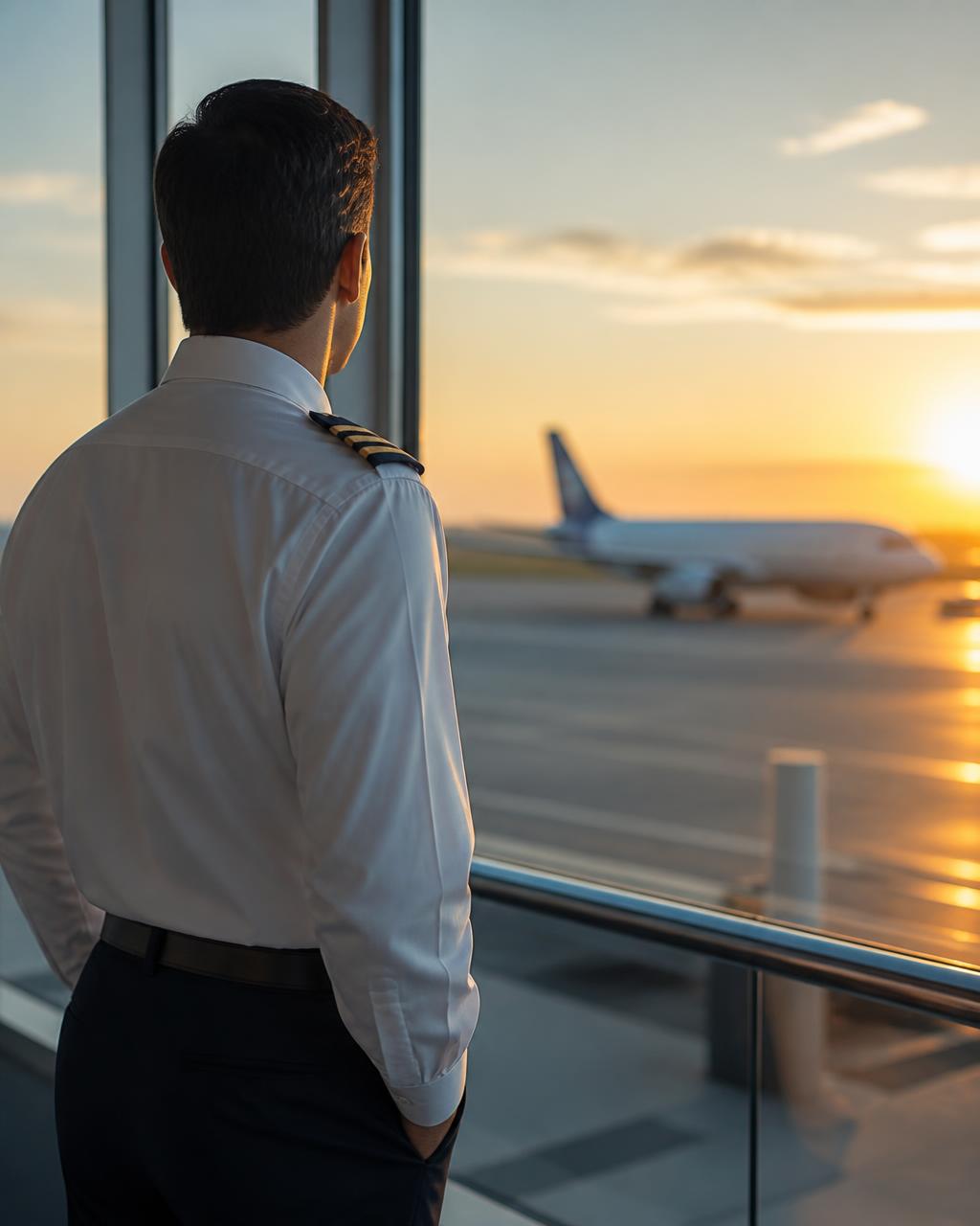 A commercial airline pilot in uniform looking out a terminal window at an aircraft on the tarmac at sunrise